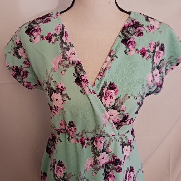 Pink Blush Teal Floral Knee Length Dress Spring Summer - Picture 3 of 10